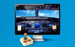 Photo illustration of a computer screen displaying a flight simulator cockpit